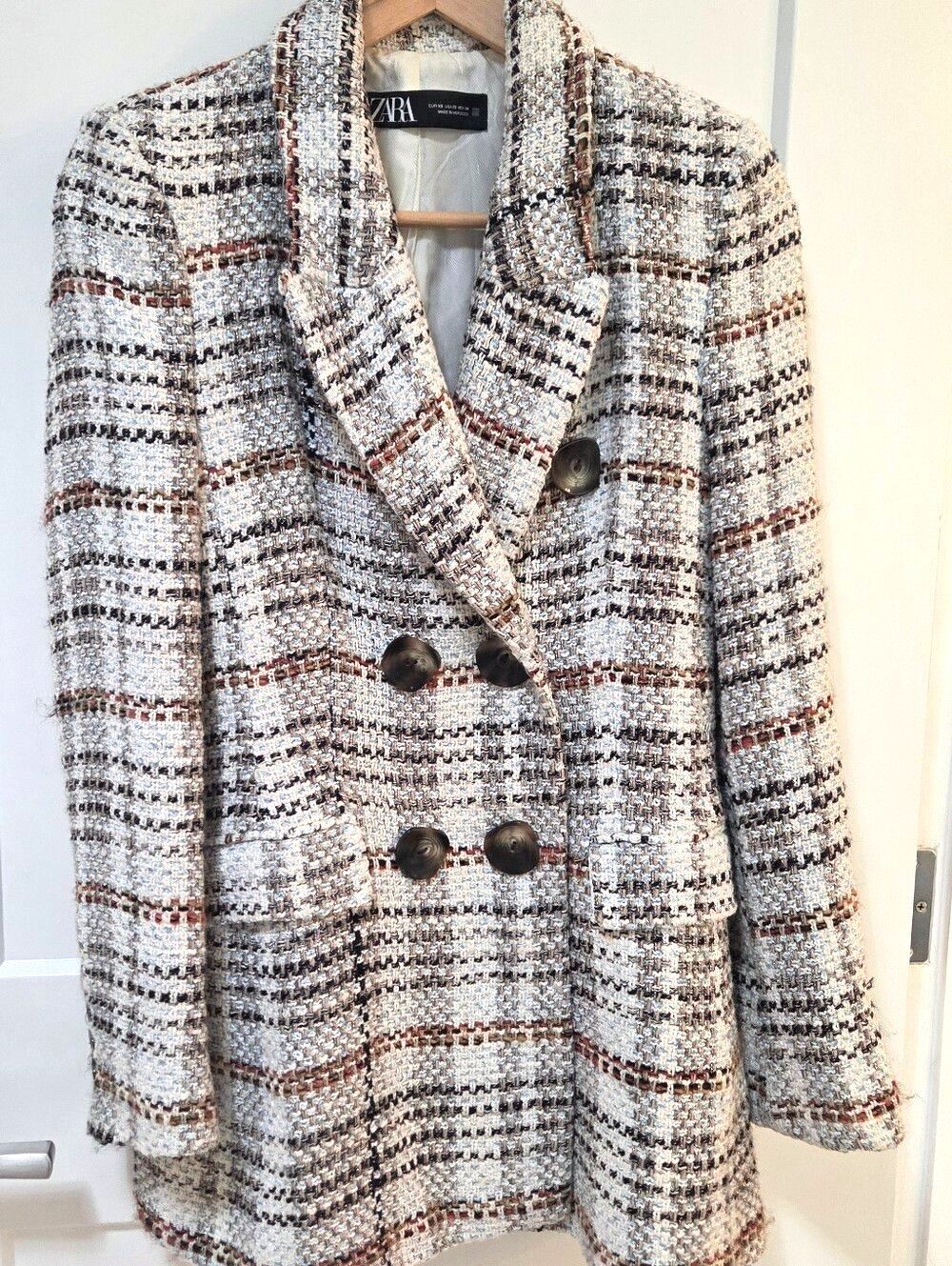 Zara Tweed Blazer Jacket XS Double Breasted Plaid Boucle Neutral Academa Cottage